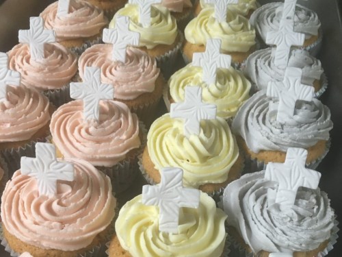 Pastel-coloured cup cakes for a Christening!